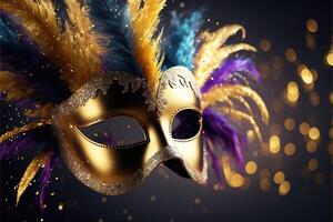 Realistic luxury carnival mask with colorful feathers. Abstract blurred background, gold dust, and light effects. . photo