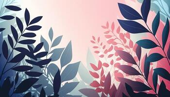 Pink and blue Foliage decorative background in flat style Various abstract tropical leaves on a dark background. . photo