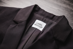 Blank clothing tag on the texture of a black blazer. Label with empty space for text psd