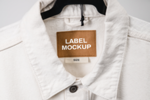 Blank clothing label on denim jacket texture. Label with empty space for text. psd