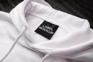 Blank clothing label on the texture of a white sweater hoodie. Label with empty space for text psd