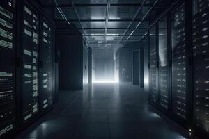 A large data centre with many computer racks in dark light with some fog created with technology. photo