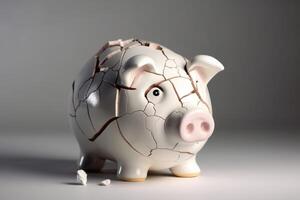 A sad piggy bank with cracks and a plaster indicates insolvency created with technology. photo