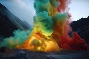 un enorme volcán visto desde lejos lejos en erupción arco iris de colores color polvo creado con generativo ai tecnología. foto