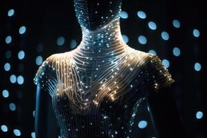 An Elegant Dress Made of Fibre Optic Cables on a Mannequin created with technology. photo