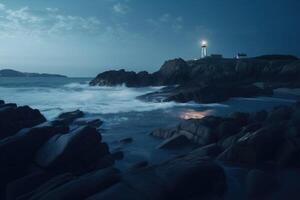 Long exposure of a rocky coast with a lighthouse on it created with technology. photo