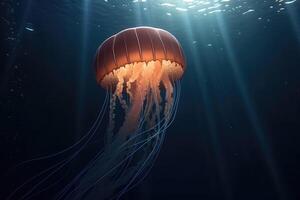 Realistic jellyfish in the depths of the ocean with lightbeams from above created with technology. photo