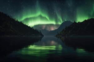 auroras en verde color y estrellas terminado un lago con reflexiones de el cielo creado con generativo ai tecnología. foto