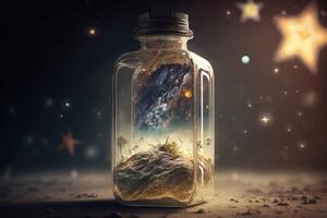 The universe in a glass bottle created with technology. photo