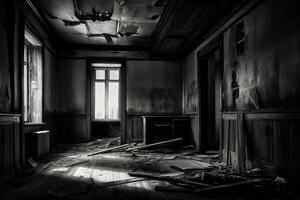 un abandonado casa visto desde un habitación dentro creado con generativo ai tecnología. foto