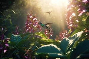 Several hummingbirds buzzing around flowers in a jungle created with technology. photo