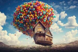 A small vintage house floats through the sky on many colourful balloons created with technology. photo