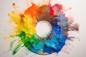 A color Wheel with goethe colors exploding in colorful powder on a light background created with technology. photo