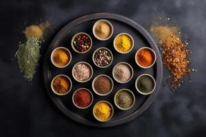 View from above of numerous spices in small bowls on a dark slate plate with copy space created with technology. photo