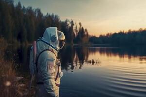 A female astronaut stands by a lake and looks at the stars created with technology. photo