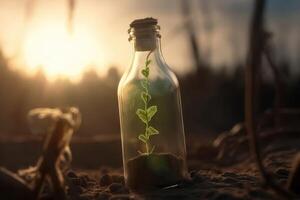 A single green seedling in a glass bottle on an apocalyptic dry ground created with generative AI technology. photo
