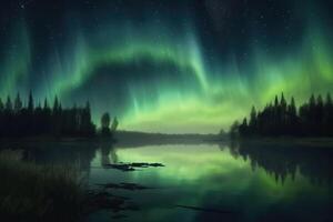 Auroras in green colour and stars over a lake with reflections of the sky created with technology. photo