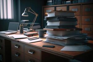 A desk with huge piles of files on it created with technology. photo