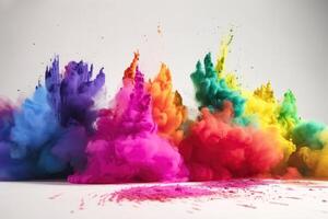 Exploding colour powder in rainbow colours on a white background created with technology. photo