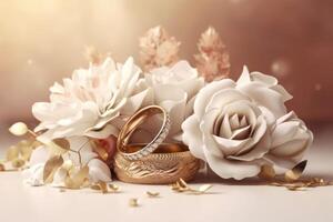 A beautiful wedding background with flowers and gold ornaments on a light background created with technology. photo