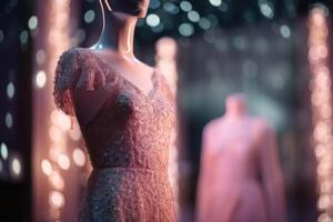 An innovative Elegant Dress made of candyfloss on a Mannequin with soft bokeh lights created with technology. photo