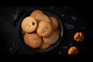 Top view on spooky halloween cookies on a dark background created with technology. photo