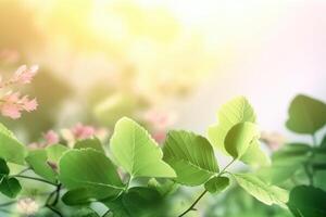 A beautiful spring background with leaves and little flowers on a light background created with technology. photo