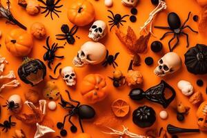 Top view on spooky halloween motifs with bones plastic spiders pumpkins and bats on an orange surface created with technology. photo