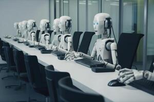 ai robots sentado a trabajo en el plan abierto oficina de un llamada centrar creado con generativo ai tecnología. foto