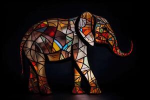 An elephant made of stained glas on a dark background created with technology. photo