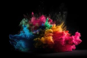 Exploding colour powder in rainbow colours on a black background created with technology. photo