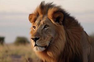 Portrait of a strong male lion with the African savanna in the background created with generative AI technology. photo