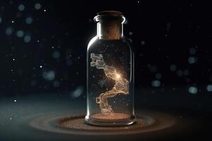 The universe in a glass bottle created with technology. photo