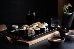Very tasty sushi served on a dark wooden plate with chopsticks and sauces created with technology. photo