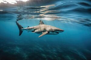 un grande tiburón en el superficial agua de el Oceano creado con generativo ai tecnología. foto