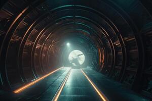 Travelling through a time tunnel with a galaxy in the background created with technology. photo