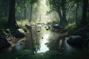 A dark forest with floating water created with technology. photo