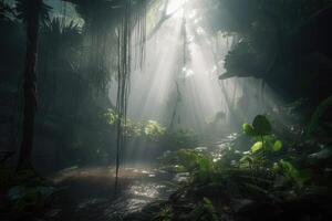 Jungle with light rays coming from above created with generative AI technology. photo