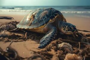 A large turtle drags itself onto a beach created with technology. photo