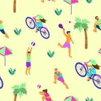 Vector seamless pattern with tiny isometric people doing summer sports. Summer activities .