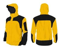 Black and yellow hooded mountain jacket mockup front and back view vector