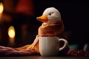 A white duck wearing a scarf and having a coffee created with technology. photo