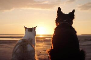 A dog and a cat seen from behind on the beach look dreamily into the sunset created with technology. photo