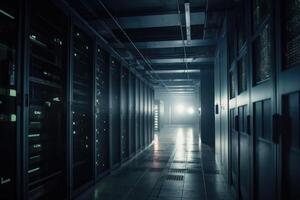 A large data centre with many computer racks in dark light with some fog created with technology. photo