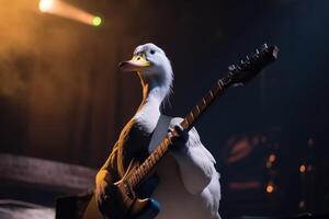un Pato obras de teatro rock música en un eléctrico guitarra con sus ala en un rock concierto etapa creado con generativo ai tecnología. foto