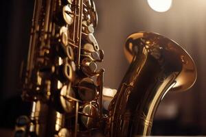 Close-up of a saxophone with reflections and a soft bokeh of light in the background created with technology. photo