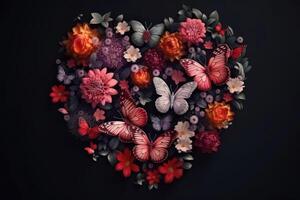 un san valentin día corazón de flores y mariposas en un oscuro fondo creado con generativo ai tecnología. foto