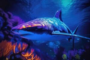 Blacklight Painting of a shark in the Ocean created with technology. photo