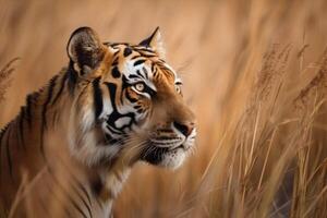 un fuerte Tigre en el alto césped a un río creado con generativo ai tecnología. foto