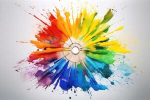 A color Wheel with goethe colors exploding in colorful powder on a light background created with technology. photo